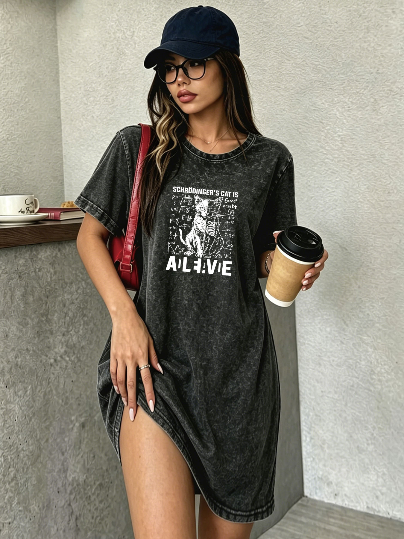 Streetwear Brand Cat - Vestido Camiseta Vintage Lavado y Desgastado